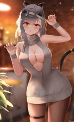 1girl :o absurdres animal_ears bandaged_head bandages bare_shoulders blurry breasts brown_pantyhose cat_ears cat_tail claw_pose cleavage depth_of_field fake_animal_ears fake_tail goddess_of_victory:_nikke grey_hair grey_sweater hair_ribbon highres large_breasts long_hair meme_attire modernia_(nikke) open-chest_sweater pantyhose parted_lips red_eyes ribbed_sweater ribbon sidelocks solo sweater tail turtleneck turtleneck_sweater yellow_ribbon yomining