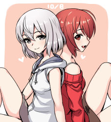 2girls back-to-back bra_strap brown_skirt commentary_request dated grey_eyes grey_hair heart hood hoodie kakuchou_shoujo-kei_trinary medium_hair miniskirt multiple_girls off-shoulder_sweater off_shoulder open_mouth ose_tsubame red_eyes red_hair short_hair sitting skirt sleeveless sleeveless_hoodie smile sumeragi_chiharu sweater tanaka_gorbachev