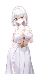 1girl absurdres bare_shoulders boong0619 breasts cleavage commentary_request commission cutout_above_navel detached_sleeves dress hand_on_own_chest highres korean_commentary large_breasts long_hair looking_at_viewer orange_eyes original simple_background smile solo standing strapless strapless_dress white_background white_dress white_hair