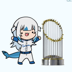 1girl baseball_uniform blue_hair commentary english_commentary fins fish_tail gawr_gura highres hololive hololive_english los_angeles_dodgers medium_hair multicolored_hair open_mouth patchwork_skin ponytail shark_tail sharp_teeth short_ponytail simple_background smile solo sportswear tail teeth torororose trophy two-tone_hair virtual_youtuber waving_arms white_background white_hair