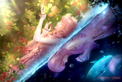 2girls bubble closed_eyes commentary copyright_name different_reflection dress earrings english_commentary flower highres jewelry long_hair long_sleeves multiple_girls nature nikki_(nikki) nikki_(series) official_art outdoors pink_dress pink_hair reflection reflective_water shining_nikki sunlight underwater whale white_sleeves