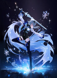 Rule 34 | 1girl, absurdres, black boots, black gloves, black hairband, black jumpsuit, blue gloves, blue hair, boots, closed eyes, closed mouth, dancing, eula (genshin impact), floating hair, full body, genshin impact, gloves, hairband, highres, holding, holding sword, holding weapon, jumpsuit, long hair, long sleeves, mizuiro abokado, short jumpsuit, solo, sword, thigh boots, thigh strap, two-tone gloves, weapon