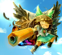 &gt;_&lt; 1girl :d arm_cannon ayuki_(47881314) bird_wings black_socks black_wings blue_sky bow brown_hair cape clenched_hand closed_eyes cloud collared_shirt commentary_request control_rod_(touhou) cookie_(touhou) feathered_wings feathers flying frilled_skirt frills full_body green_bow green_skirt hair_bow kneehighs long_hair nadeko_(cookie) open_mouth print_cape puffy_short_sleeves puffy_sleeves reiuji_utsuho shirt short_sleeves skirt sky smile socks solo starry_sky_print third_eye touhou very_long_hair weapon white_cape white_shirt wings xd