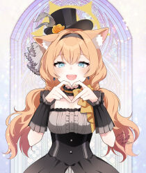 1girl absurdres animal_ears black_hat blue_archive blue_eyes breasts cat_ears choker commentary dress frilled_choker frills grey_dress hands_up hat heart heart_hands highres long_hair looking_at_viewer low_twintails mari_(blue_archive) mari_(idol)_(blue_archive) medium_breasts official_alternate_costume open_mouth orange_hair peke_(xoxo_melon) sleeveless sleeveless_dress smile solo top_hat twintails upper_body wrist_cuffs