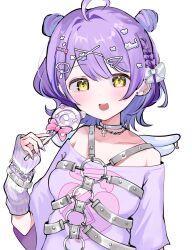 Rule 34 | 1girl, ahoge, akai beniko, arm warmers, blush, bow, candy, chest harness, choker, commentary request, double bun, ear piercing, earrings, food, hair bow, hair bun, hair ornament, hairclip, harness, highres, holding, holding candy, holding food, holding lollipop, jewelry, lollipop, looking at viewer, open mouth, piercing, purple hair, purple shirt, shinomiya runa, shinomiya runa (4th costume), shirt, solo, t-shirt, virtual youtuber, vspo!, white background, white bow, wings, x hair ornament, yellow eyes