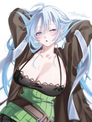 1girl arms_behind_head blue_hair blush breasts brown_coat cleavage coat dress duel_monster eria_(yu-gi-oh!) eria_the_water_charmer green_dress highres large_breasts one_eye_closed sanzakasun simple_background solo sweat sweater sweater_dress upper_body white_background yu-gi-oh!