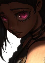 0homi 1girl absurdres arcane:_league_of_legends arcane_jinx backlighting black_tank_top blue_hair commentary eye_focus eyelashes frown highres jinx_(league_of_legends) league_of_legends lips looking_at_viewer pink_eyes portrait profile red_eyes signature solo tank_top twitter_username watermark
