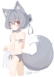 1girl absurdres animal_ear_fluff animal_ears bikini black_bikini breasts chinese_commentary closed_mouth commentary_request dated fox_ears fox_girl fox_tail from_behind glyphsss grey_hair halterneck highres looking_at_viewer looking_back original red_eyes short_hair signature simple_background small_breasts solo swimsuit tail white_background