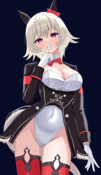 1girl absurdres adapted_costume animal_ears black_background black_hairband black_jacket blush bow bowtie breasts cleavage commentary_request covered_navel curren_chan_(umamusume) detached_collar ear_bow ear_covers fuji_noriho gloves gluteal_fold grey_hair hairband highleg highleg_leotard highres horse_ears horse_girl horse_tail jacket leotard medium_breasts nontraditional_playboy_bunny pink_eyes red_bow red_bowtie red_thighhighs short_hair simple_background solo tail thighhighs umamusume white_gloves white_leotard