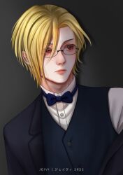 Rule 34 | 1boy, artist name, black vest, blonde hair, bow, bowtie, dated, formal clothes, glasses, gradient background, grey background, highres, jeivi, louis james moriarty, male focus, medium hair, red eyes, solo, suit, vest, yuukoku no moriarty