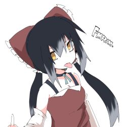 Rule 34 | 1girl, bags under eyes, black choker, black hair, blue bow, blue bowtie, bow, bowtie, breasts, character name, choker, cleavage, commentary, cookie (touhou), detached sleeves, dress, frilled bow, frilled hair tubes, frills, gomennetemple, grey hair, hair bow, hair tubes, hakurei reimu, highres, long hair, looking at viewer, low twintails, medium breasts, middle finger, multicolored hair, open mouth, red bow, red dress, sidelocks, simple background, sleeveless, sleeveless dress, solo, tongue, tongue out, touhou, twintails, two-tone hair, upper body, white background, white sleeves, yellow eyes, yuyusu (cookie)