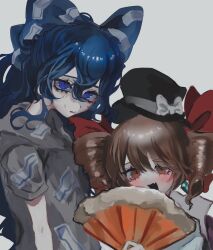 2girls black_hat blue_bow blue_eyes blue_hair blush bow brown_eyes brown_hair coat commentary_request crystal_earrings debt dress drill_hair earrings fang from_side fur_trim grey_hoodie hair_between_eyes hair_bow hair_ribbon hand_fan hand_up haniwa_kue hat hat_bow highres holding holding_fan hood hoodie jewelry large_bow long_hair looking_at_viewer multiple_girls open_clothes open_coat open_mouth purple_coat red_bow red_ribbon ribbon short_sleeves siblings sidelocks simple_background sisters skin_fang smile sweatdrop top_hat touhou twin_drills two-sided_coat two-sided_fabric upper_body wavy_hair white_background white_bow white_coat white_dress yorigami_jo&#039;on yorigami_shion