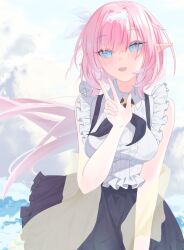 1girl blue_eyes blue_skirt breasts commentary_request elf elysia_(honkai_impact) hairband honkai_(series) honkai_impact_3rd large_breasts long_hair looking_at_viewer official_alternate_costume open_mouth overboard pink_hair pink_pupils pointy_ears shirt skirt solo w white_hairband white_shirt