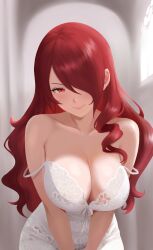Rule 34 | 1girl, armpit crease, bare shoulders, blurry, blurry background, blush, breasts, breasts squeezed together, cleavage, closed mouth, collarbone, cowboy shot, double strap slip, dress, eyelashes, grey background, hair between eyes, hair over one eye, highres, indoors, kirijou mitsuru, lace dress, large breasts, leaning forward, lips, long hair, looking at viewer, mikan zakuro, one eye covered, persona, persona 3, red eyes, red hair, smile, solo, very long hair, white dress