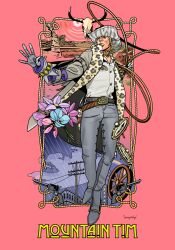 1boy animal_print animal_skull blonde_hair brown_collar character_name cloak collar cow_skull cowboy_hat gloves grey_gloves grey_jacket grey_pants gun handgun hat holster jacket jojo_no_kimyou_na_bouken lasso leopard_print mountain_tim pants pink_background rain rainbow revolver scar scar_on_face shirt steel_ball_run tanaka_kaori weapon wheel white_shirt zebra_print