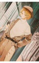 2boys absurdres belt belt_buckle beret black_belt black_hair blonde_hair blush brown_hat brown_pants buckle closed_eyes closed_mouth cowboy_shot day glasses haikyuu!! hat highres jacket kozume_kenma kuroo_tetsurou letterboxed long_sleeves looking_at_viewer male_focus medium_hair multiple_boys myanya open_mouth outdoors pants profile round_eyewear shirt solo_focus standing tongue white_shirt yawning yellow_eyes
