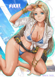 Rule 34 | 1girl, bandaid, bandaid on face, bandaid on nose, beach, bikini, blue bikini, blue eyes, bracelet, breasts, centi (nikke), centi (ocean repair) (nikke), collarbone, commentary request, cover, curvy, eyewear on head, goddess of victory: nikke, heart, heart-shaped eyewear, highres, jewelry, large breasts, long hair, micro bikini, navel, official alternate costume, screwdriver, see-through clothes, shirt, smile, sunglasses, swimsuit, take (take-out!), toolbox, tree, wet, white shirt, wrench