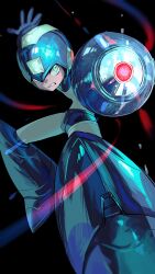 Rule 34 | 1boy, aiming, aiming at viewer, android, aqua eyes, arm cannon, armor, black background, blue bodysuit, blue gloves, blue helmet, bodysuit, clenched teeth, gloves, helmet, highres, male focus, mega man (character), mega man (classic), mega man (series), solo, teeth, weapon, yasaikakiage