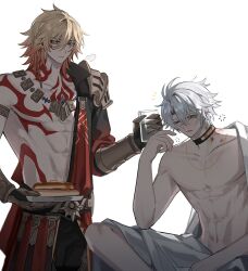 2boys abs antenna_hair armlet armor black_choker black_coat black_pants blonde_hair blue_eyes braid chest_tattoo choker clawed_gauntlets coat cup earrings facial_tattoo gold_earrings gold_necklace gradient_hair hair_between_eyes hashtag-only_commentary hickey highres holding holding_cup holding_plate honkai:_star_rail honkai_(series) jewelry male_focus medium_hair multicolored_hair multiple_boys mydei_(honkai:_star_rail) necklace one_eye_closed open_clothes open_coat open_robe pants pauldrons phainon_(honkai:_star_rail) pin3909 plate puff_of_air red_hair robe short_hair shoulder_armor side_braid simple_background single_pauldron squeans sun_symbol sun_tattoo tan tattoo toned toned_male white_background white_hair white_robe yaoi yellow_eyes