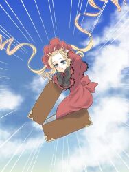 1girl bangs_blown_up black_bow black_bowtie blonde_hair blue_eyes blue_sky bonnet bow bowtie briefcase brooch capelet closed_mouth commentary_request day dress emphasis_lines expressionless flat_chest flower_brooch flying full_body kiru_(m_putorius) lolita_fashion long_dress long_hair long_sleeves outdoors red_capelet red_dress red_headwear rozen_maiden shinku sky solo twintails very_long_hair