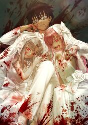 1boy 2girls bare_shoulders black_hair blood blood_on_clothes blood_on_face blood_splatter blue_eyes breasts bridal_veil bride commentary_request commission crossed_legs dead_apostle_noel_(tsukihime) dress formal_clothes glasses gloves grey_hair highres looking_at_viewer megumi_(piyo7piyo9) melty_blood multiple_girls nanaya_shiki noel_(tsukihime) pink_hair red_eyes sitting skeb_commission small_breasts smile suit tsukihime veil wedding_dress white_len_(tsukihime) white_suit
