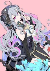 Rule 34 | 1girl, absurdres, ahoge, bare shoulders, black bow, black dress, black headdress, black sleeves, blue hair, bone hair ornament, bow, bowtie, colored inner hair, detached sleeves, dress, dutch angle, gradient hair, grey hair, hair bow, hair ornament, highres, lace-trimmed sleeves, lace trim, long hair, multicolored hair, open mouth, owarino mukuro, pink eyes, pink hair, red background, simple background, skull, sleeveless, solo, specialite (company), tetsu booya, v, virtual youtuber, wavy hair, white bow, white bowtie