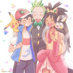 1girl 2boys :3 ash_ketchum baseball_cap black_hair black_pants black_vest blue_vest blush bow bowtie cilan_(pokemon) closed_eyes commentary_request creatures_(company) dark-skinned_female dark_skin dot_nose dress emolga eyelashes game_freak gen_1_pokemon gen_5_pokemon green_bow green_bowtie green_hair hand_on_another&#039;s_shoulder hat highres ichi_(pikapikapocket) iris_(pokemon) long_hair multiple_boys nintendo official_alternate_costume on_shoulder open_clothes open_mouth open_vest pants pikachu pokemon pokemon_(anime) pokemon_(creature) pokemon_bw_(anime) pokemon_journeys pokemon_on_shoulder purple_hair red_hat shirt short_hair short_sleeves smile t-shirt teeth tiara upper_teeth_only very_long_hair vest white_background white_shirt