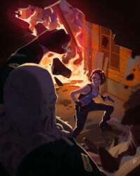 Rule 34 | 1boy, 1girl, black gloves, blood, blood on clothes, blue shirt, brown hair, daniel santana, fingerless gloves, fire, gloves, gun, highres, holding, holding gun, holding weapon, jill valentine, nemesis (resident evil), pants, resident evil, resident evil 3: nemesis, resident evil 3 (remake), shirt, short hair, signature, weapon, window