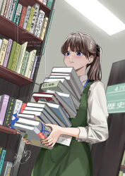 1girl black_scrunchie blue_eyes blush book bookshelf brown_hair ceiling ceiling_light choppy_bangs closed_mouth collared_shirt commentary_request cowboy_shot dress dutch_angle fluorescent_lamp green_dress hair_ornament hair_scrunchie highres holding holding_book indoors lanyard librarian library long_hair long_sleeves looking_ahead original pile_of_books pinafore_dress ponytail scrunchie shirt signature sleeveless sleeveless_dress solo soragane_(banisinngurei) split_mouth standing sweatdrop watermark white_shirt