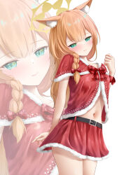 1girl alternate_costume alternate_hairstyle animal_ear_fluff animal_ears aqua_eyes arm_behind_back belt black_belt blue_archive blush bow bowtie braid c.u.wa capelet cat_ears cat_girl christmas clenched_hand closed_mouth commentary cowboy_shot double-parted_bangs fur-trimmed_capelet fur-trimmed_skirt fur_trim hair_bow hair_over_shoulder halo hand_up happy head_tilt highres long_hair looking_at_viewer mari_(blue_archive) miniskirt navel orange_hair paid_reward_available plaid_bow plaid_bowtie plaid_clothes red_bow red_bowtie red_capelet red_skirt santa_costume side_braid simple_background single_braid skirt smile solo stomach straight_hair variant_set white_background wrist_bow yellow_halo zoom_layer