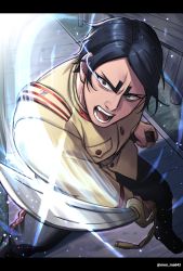 1boy black_eyes black_hair fighting_stance frown glowing glowing_eye golden_kamuy highres holding holding_sword holding_weapon imperial_japanese_army incoming_attack koito_otonoshin letterboxed long_sleeves male_focus menma_kozo military military_uniform motion_blur open_mouth parted_bangs sheath solo standing sword teeth thick_eyebrows tongue twitter_username weapon