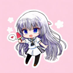 Rule 34 | 1girl, :d, ascot, black ascot, black pantyhose, blue eyes, chibi, chibi only, commentary, english commentary, food, full body, gensou roukaku, hair between eyes, hair ornament, hairclip, hand up, happy, heart, holding, holding food, holding popsicle, light blush, long hair, looking at object, miniskirt, naruse shiroha, open mouth, outline, pantyhose, parallel hairclips, pink background, popsicle, puffy short sleeves, puffy sleeves, school uniform, serafuku, shirt, short sleeves, simple background, skirt, smile, solo, speech bubble, spoken heart, standing, summer pockets, summer pockets school uniform, very long hair, watermelon bar, white hair, white outline, white serafuku, white shirt, white skirt