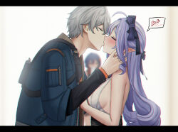 1boy 2girls absurdres ahoge bare_shoulders belle_(zenless_zone_zero) black_shirt blurry blurry_background blush bow breasts chromatic_aberration closed_eyes commentary_request couple denim denim_jacket facing_another from_side grey_hair hair_bow hand_on_another&#039;s_chest hand_on_another&#039;s_face heart hetero highres jacket kiss large_breasts letterboxed long_hair multiple_girls no_jacket pointy_ears purple_bow purple_hair selcky shirt short_hair sidelocks spoken_heart vivian_banshee wise_(zenless_zone_zero) zenless_zone_zero