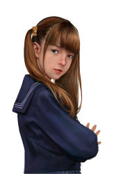 1girl 3d absurdres bow brown_eyes brown_hair female_focus highres looking_at_viewer makesi realistic school_uniform serafuku simple_background solo standing twintails white_background