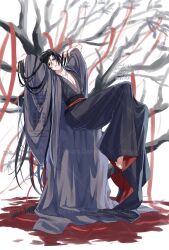 1boy arms_behind_head arms_up barefoot bishounen black_eyes black_hair black_hanfu blood blood_on_ground branch chest_tattoo chinese_clothes coat collarbone crossed_legs dated full_body grey_coat hair_down hair_ribbon hanfu highres in_tree kimako_(kimako_8) long_hair long_sleeves looking_at_viewer male_focus modao_zushi official_alternate_costume official_alternate_hairstyle open_clothes open_coat parted_lips pectoral_cleavage pectorals pool_of_blood red_ribbon ribbon robe sash sitting solo tattoo tree twitter_username very_long_hair watermark wei_wuxian wei_wuxian_(yiling_laozu) white_background wide_sleeves