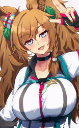 1girl animal_ears belt black_gloves blast_onepiece_(umamusume) blue_belt blue_eyes blush braid breasts brown_hair buckle collared_jacket commentary_request ear_ornament fingerless_gloves gloves hair_ornament harakomeshi highres horse_ears horse_girl jacket large_breasts long_hair long_sleeves multicolored_nails open_mouth simple_background single_braid snap-fit_buckle solo star_ornament twintails umamusume upper_body very_long_hair white_background white_jacket