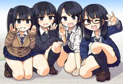 4girls :d black_eyes black_hair black_socks blazer cardigan glasses grin group_picture highres jacket kneehighs kneeling loafers long_hair long_sleeves looking_at_viewer maruput medium_hair multiple_girls necktie on_one_knee open_mouth original plaid_clothes plaid_skirt pleated_skirt red-framed_eyewear school_uniform shoes skirt sleeves_past_wrists smile socks twintails