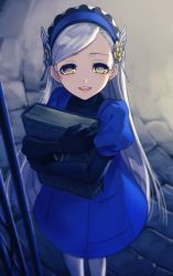 10s 1girl blonde_hair blue_dress blue_hairband book bug butterfly butterfly_hair_ornament carrying dress elbow_gloves enmto facing_viewer female_focus floor gloves hair_ornament hairband happy holding holding_book insect lavenza_(persona_5) long_hair looking_at_viewer open_mouth persona persona_5 platinum_blonde_hair skirt smile solo spoilers standing teeth tongue very_long_hair yellow_eyes