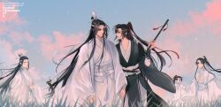 Rule 34 | 6+boys, alternate hairstyle, artist name, black eyes, black hair, black hanfu, blue sky, chinese clothes, closed eyes, closed mouth, cloud, cloudy sky, commentary, day, dizi, english commentary, eye contact, field, floating hair, flower, flute, flute tassel, grass, hair ribbon, half updo, hand up, hanfu, headband, high ponytail, highres, holding, holding flute, holding hands, holding instrument, instrument, lan jingyi, lan qiren, lan sizhui, lan wangji, lan xichen, long hair, long sleeves, looking at another, male focus, minataka94, modao zushi, multiple boys, outdoors, parted lips, ponytail, profile, red ribbon, ribbon, robe, sash, sidelocks, sky, smile, standing, tassel, topknot, transverse flute, very long hair, walking, watermark, wei wuxian, white hanfu, white headband, wide sleeves, wind, xiao guan (headdress), yaoi, yaopei, yellow eyes