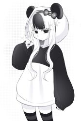 1girl absurdres aged_down animal_ears animal_hood arm_up beenya black_bow black_eyes black_hair black_thighhighs bound bow closed_mouth female_focus highres hood hoodie looking_at_viewer medium_hair multicolored_hair nose original panda_(beenya) panda_ears panda_girl panda_hood shadow solo standing star_(symbol) thighhighs white_background white_hair