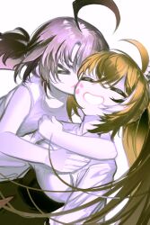 &gt;_&lt; 2girls :d absurdres ahoge arm_around_neck brown_hair closed_eyes colored_skin gigi_murin highres hololive hololive_english hug kiss kissing_cheek lipstick_mark long_hair multicolored_hair multiple_girls nanashi_mumei open_mouth pungson_mori shirt short_hair skirt smile streaked_hair twintails two-tone_hair virtual_youtuber white_background white_shirt white_skin