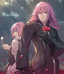 2boys black_coat black_coat_(kingdom_hearts) black_gloves blue_eyes character_name coat commentary_request dandelion flower gloves gogo_(detteiu_de) holding holding_flower kingdom_hearts kingdom_hearts_chain_of_memories kingdom_hearts_iii kingdom_hearts_unchained_x lauriam looking_at_viewer male_focus marluxia multiple_boys organization_xiii petals pink_hair rose rose_petals smile vest waistcoat