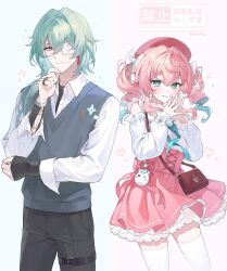 1boy 1girl anaxa_(honkai:_star_rail) black_pants blush closed_mouth collared_shirt commentary_request cowboy_shot eyepatch frilled_skirt frills green_eyes green_hair grey_sweater_vest hand_on_own_chin hat highres honkai:_star_rail honkai_(series) hyacine_(honkai:_star_rail) long_hair long_sleeves looking_at_viewer miho_(mymiho) own_hands_together pants pink_hair pink_skirt red_eyes red_hat shirt skirt smile sweater_vest thighhighs twitter_username watermark white_shirt white_thighhighs zettai_ryouiki