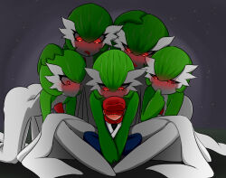 1boy 5girls all_fours alpha_pokemon blue_pants blush bob_cut closed_mouth colored_skin constricted_pupils drooling faceless faceless_male finger_in_own_mouth flat_chest full_body gardevoir gen_3_pokemon glowing glowing_eyes green_hair green_skin grey_background hair_between_eyes hair_over_one_eye hand_on_another&#039;s_head hand_up hat hug hug_from_behind knees_apart_feet_together looking_at_another looking_down mouth_drool multicolored_skin multiple_girls newsboy_cap nintendo no_feet nose_blush one_eye_covered open_mouth pants pokemon pokemon_(creature) pokemon_legends:_arceus red_eyes red_hat red_scarf rei_(pokemon) ro_(pixiv_44735613) saliva scarf short_hair sitting sitting_on_lap sitting_on_person straight-on two-tone_skin v_arms white_skin wide-eyed