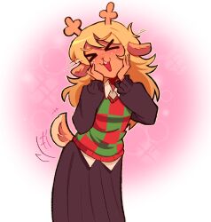 &gt;_&lt; 1girl absurdres animal_ears antlers black_skirt black_sweater blonde_hair buck_teeth checkered_sweater_vest collared_shirt commentary cowboy_shot deer_antlers deer_ears deer_girl deer_tail deltarune english_commentary furry furry_female hands_on_own_face highres horns laiteas long_hair noelle_holiday open_mouth shirt skirt smile solo sweater tail tail_wagging teeth white_shirt