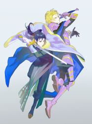 2boys abi_(no.129) absurdres arm_up armor arms_up black_hair black_pants blonde_hair blue_cape blue_eyes boots breastplate cape commentary dimitri_alexandre_blaiddyd english_commentary faulds felix_hugo_fraldarius fire_emblem fire_emblem:_three_houses fire_emblem_warriors:_three_hopes full_body fur-trimmed_collar fur_trim gauntlets gloves gradient_background greaves grey_background highres holding holding_sword holding_weapon long_hair looking_ahead male_focus multiple_boys nintendo official_alternate_costume official_alternate_hairstyle pants parted_lips pauldrons ponytail shoulder_armor sword teeth tsurime tunic weapon white_background white_cape white_gloves yellow_fur yellow_trim
