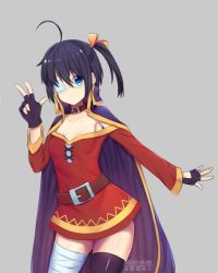 Rule 34 | 1girl, ahoge, bandaged leg, bandages, belt, belt buckle, black cape, black hair, black thighhighs, blue eyes, breasts, brown belt, buckle, cape, choker, chuunibyou demo koi ga shitai!, closed mouth, commentary, cosplay, cowboy shot, dress, expressionless, eyepatch, female focus, fingerless gloves, gloves, grey background, hair ribbon, highres, kono subarashii sekai ni shukufuku wo!, long sleeves, megumin, megumin (cosplay), neho-kun, one side up, red dress, ribbon, short dress, short hair, simple background, single thighhigh, small breasts, solo, standing, takanashi rikka, thighhighs, trait connection, w
