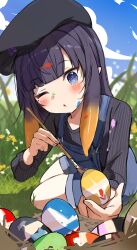 1girl blue_eyes blue_sky blunt_bangs cloud commentary easter easter_egg egg english_commentary flower gradient_hair grass hat highres hololive hololive_english long_hair mole mole_under_eye multicolored_hair nest ninomae_ina&#039;nis ninomae_ina&#039;nis_(casual) one_eye_closed orange_hair orobou outdoors paint_splatter paintbrush painting_(action) pointy_ears purple_hair shorts sidelocks sky solo suspenders tall_grass tentacle_hair tentacles very_long_hair virtual_youtuber