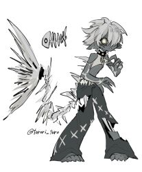 1girl baggy_pants bare_shoulders barefoot chain chain_leash claws clothing_cutout collar colored_sclera colored_skin crop_top exposed_bone fins fish_girl fish_skeleton fish_tail full_body grey_eyes grey_hair grey_sclera grey_shirt grey_skin hair_over_one_eye highres leash looking_at_viewer monster_girl notched_ear original pants pigeon-toed pointy_ears shirt short_hair shoulder_cutout simple_background skeletal_tail solo spiked_collar spikes standing symbol-shaped_pupils tail torn_clothes torn_pants torori_toro_(oimo_kenpi) white_background x-shaped_pupils