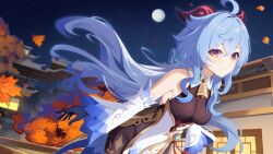 1girl absurdres ahoge architecture autumn autumn_leaves bare_shoulders bell blue_hair bodystocking breasts cleavage detached_sleeves east_asian_architecture full_moon ganyu_(genshin_impact) genshin_impact gloves goat_horns gold_trim highres horns kao_(phornthep) leaf leaning_forward long_hair long_sleeves looking_at_viewer low_ponytail maple_leaf medium_breasts moon night night_sky original outdoors pelvic_curtain ponytail purple_eyes rope sky smile solo star_(sky) starry_sky tailcoat tassel